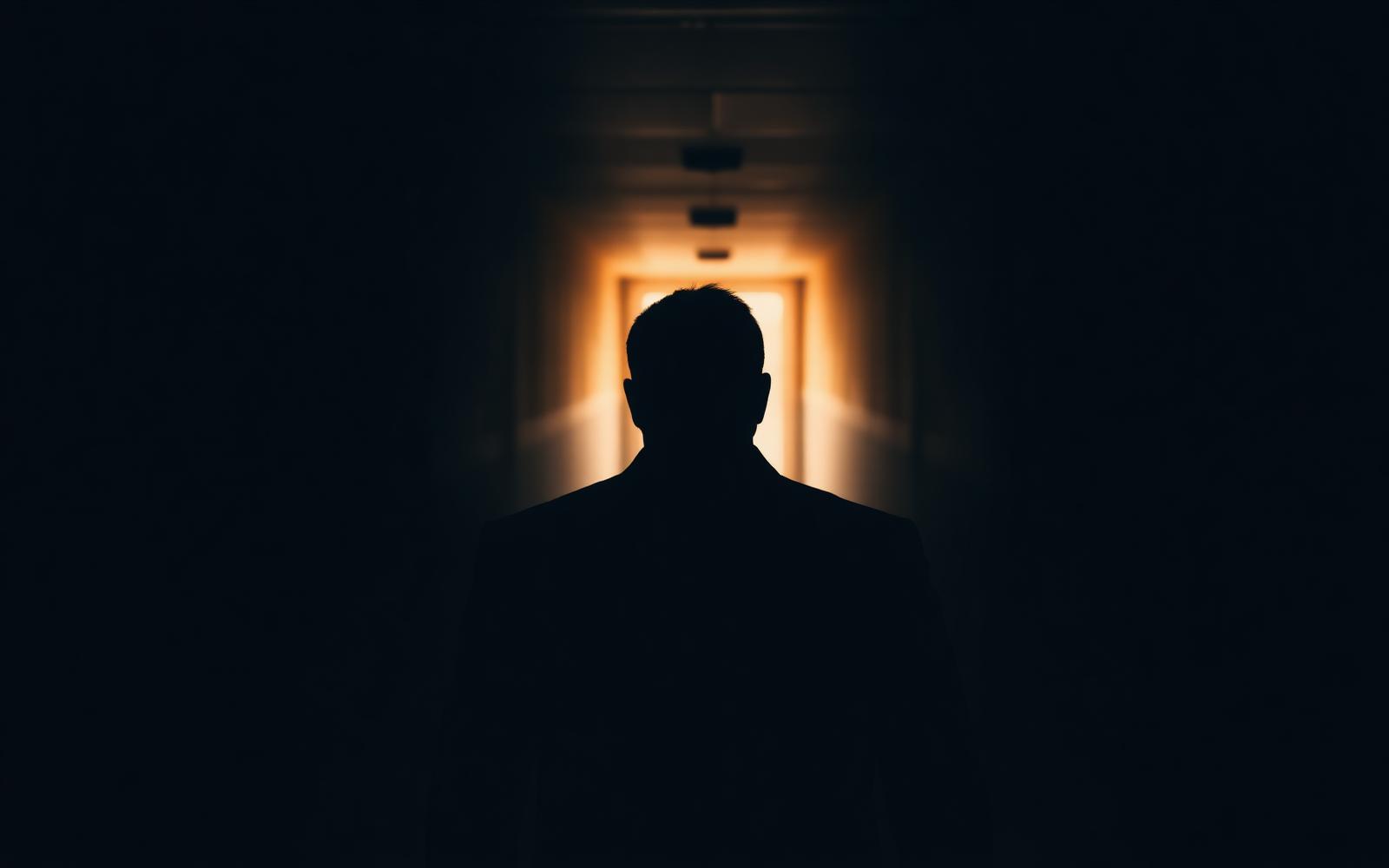Silhouette eines Mannes im Anzug in dunklem Korridor